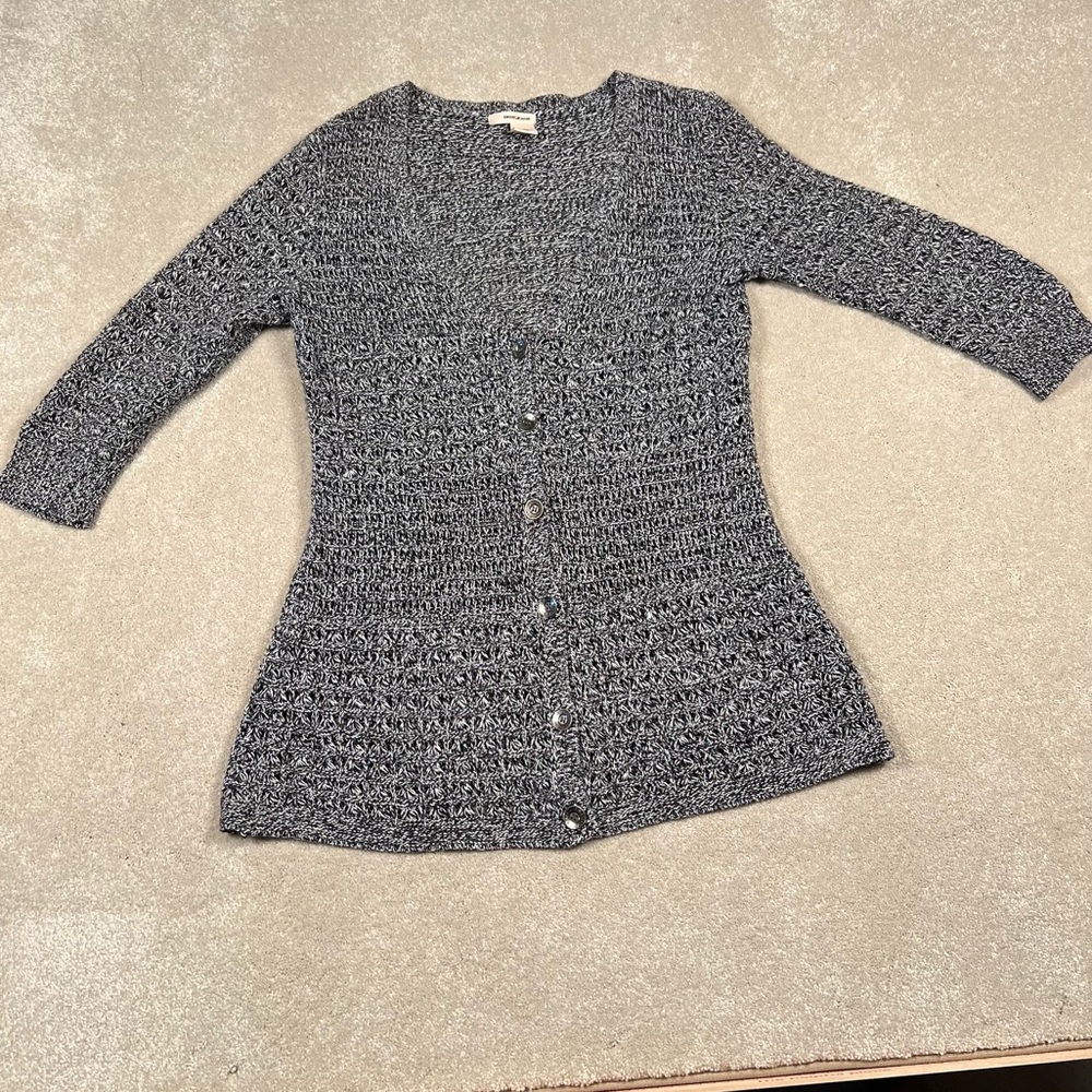 DKNY‎ Gray/White Marbled Button Front Cardigan 3 Quarter Sleeves Women's Medium